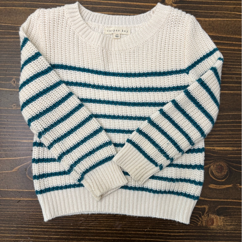 Copper Key Cream and Teal Crew Neck Sweater Textured Knit